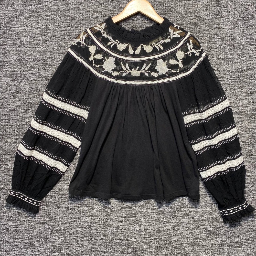 Maeve Anthropologie Blouse Women Small Black Lace Swiss Dot Embroidered Boho